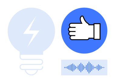 Ampul yeniliği sembolize eder, baş parmak işareti de ses dalgası eşliğinde onayı temsil eder. Yaratıcılık, geri bildirim, iletişim, teknoloji, enerji, takım çalışması için ideal basit iniş sayfası