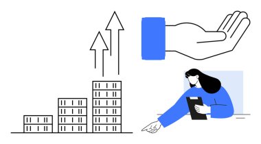 Yükselen okları olan bar çizelgesi, el desteği, veri eğilimlerini gösteren panosu olan bir kadın. İş büyümesi, takım çalışması, akıl hocalığı, ilerleme, yönetim, analitik sade iniş için ideal