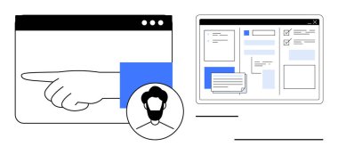 Tarayıcı penceresinden, profil simgesinden ve etkileşimli görev yönetimi ekranından uzanan eller. Kullanıcı arayüzü, iş akışı, işbirliği, görev izleme, proje planlama, takım için ideal