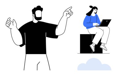 Kendine güveni tam bir adam, dizüstü bilgisayarda oturan bir kadınla dinamik hareketler yapıyor. Takım çalışması, iletişim, liderlik, teknoloji, eğitim ve verimlilik için ideal. Basit düz