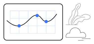 Izgara çizgileri ve üç mavi noktayı birbirine bağlayan veri çizgisi. Bulut ve yaprakların basit şekilleri. Veri görselleştirme, analitik, doğa, eğitim, büyüme, iş istatistikleri için ideal. Temiz