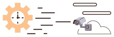 Saat simgesi olan bir dişlinin yanında bulut hesaplama ağına bağlı modern güvenlik kamerası. Teknoloji, güvenlik, bulut hesaplama, verimlilik, izleme, zaman yönetimi, yenilik için ideal