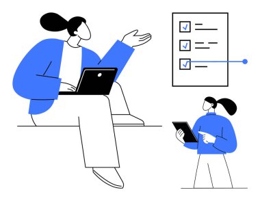 Dijital cihazlarla görev planlaması yapan iki kişi ve görünür bir kontrol listesi. Takım çalışması, proje yönetimi, üretkenlik, organizasyon, iş akışı planlaması, verimlilik, basit