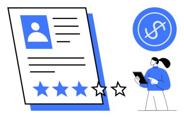 Kullanıcı tabletinin yanında reytingleri olan büyük bir profil kartı, para damgası sembolü. Ticari derecelendirme, müşteri memnuniyeti, mali analizler, hizmet geribildirimi, çevrimiçi inceleme, kullanıcı