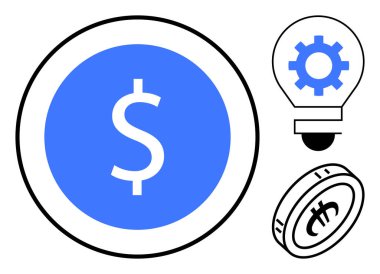 Büyük mavi para, Bitcoin jetonu, dişli ampule gömülü ampul finansal yeniliği, kripto para birimini, zenginliği vurguluyor. Fintech, yatırım, teknoloji, iş stratejisi için ideal