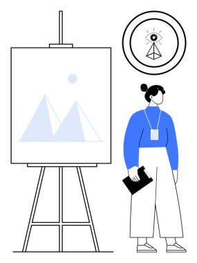 Tablonun yanındaki panoda soyut piramit sanat eserleri olan bir kadın var. Üzerinde de sembolik bir göz var. Yaratıcılık, sanat, tasarım, ilham, vizyon, eğitim ve sembolizm için idealdir. Basitçe