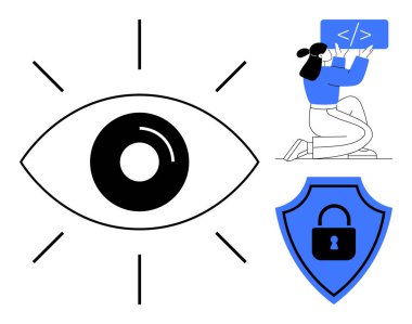 Görmeyi sembolize eden bir göz, programlama ekranı tutan bir kodlayıcı ve mahremiyet kilidi olan bir kalkan. Dijital güvenlik, programlama, mahremiyet, web geliştirme, izleme ve vizyon için ideal