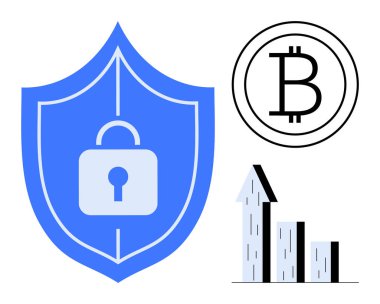 Kilitli mavi kalkan, Bitcoin sembolü ve yükselen bar şeması güvenlik, kripto para birimi, blok zinciri, finans, yatırım, büyüme ve teknolojiyi temsil ediyor. Fintech girişim engelleme zinciri için ideal