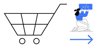 Alışveriş arabası ikonu, ekranda kodlanan kişi ve ileri ok. E-ticaret, teknoloji, çevrimiçi mağazalar, web sitesi geliştirme, programlama, dijital pazarlama için ideal