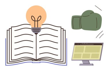 Parlak ampullü, fikirleri simgeleyen açık bir kitap, meydan okumalar için boks eldiveni, ve teknoloji için monitör. Eğitim, yaratıcılık, yenilik, strateji, teknoloji gelişimi için idealdir. Basit düz