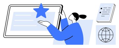 Dijital tablete, belgelere ve dünya ikonuna bir yıldız yerleştiren kişi. Başarı, takdir, başarı, üretkenlik, profesyonellik eğitimi yaratıcılığı için idealdir. Basit düz metafor