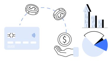 Kredi kartı, madeni paralar ve el, mali işlemleri sembolize eder. Bar grafiği ve pasta grafiği büyüme ve analizi temsil ediyor. Finans, bankacılık, yatırım, fintech, analitik ekonomi için ideal