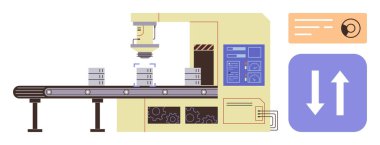 Otomatik montaj sürecinde robot kolun altında renkli arayüz paneli olan fabrika taşıma bandı parçaları hareket ediyor. Üretim, otomasyon, mühendislik, robotik, yapay zeka, endüstri, verimlilik için ideal