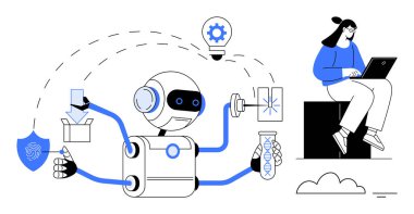 Dişli, kalkan, kutu, test tüpü ve dizüstü bilgisayar kullanan bir kadın robotu. Otomasyon için ideal, yapay zeka, yenilik çoklu görev teknolojisi dijital çözümler geleceksel tasarım. Temiz düz metafor