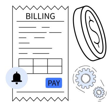 Fatura makbuzu, ödeme tuşu, para, bildirim simgesi ve mali işlemleri, çevrimiçi ödemeleri, otomasyonu ve sistem verimliliğini görselleştiren vitesler. Finans teknolojisi e-ticareti için ideal