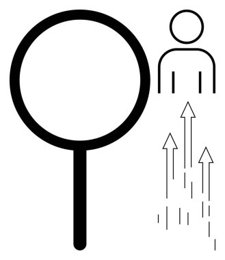 Büyüteç, büyümeyi, odaklanmayı, başarıyı, fırsatı ve kişisel gelişimi sembolize eden yukarı bakan oklar yanında bir kişinin simgesini ön plana çıkarıyor. İş için ideal, işe alım, performans, kariyer