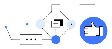 Geometrik elementler onaylı el hareketiyle birbiriyle bağlantılı iş akışı oluşturuyor. Takım çalışması için ideal, süreç optimizasyonu, otomasyon, teknoloji, iş stratejisi, karar verme mekanizması, basit iniş