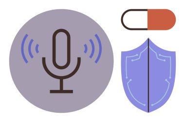 Ses dalgalı mikrofon, kapsül hapı ve iletişimi, sağlık hizmetini ve korumayı vurgulayan kalkan. Teknoloji, güvenlik, sağlık, ses veri koruma yeniliği için ideal dijital