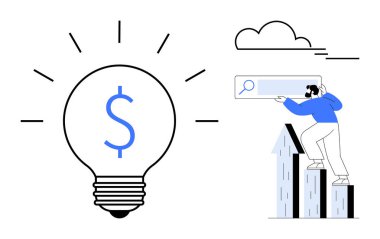 Arama çubuğuna doğru yükselen adam dolar işareti olan büyük ampullere odaklanıyor. Büyüme, finans, yenilik, strateji, yatırım, optimizasyon için ideal, basit düz metafor