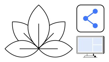 Lotus çiçeği büyümeyi simgeler, ağ düğümleri bağlanabilirliği gösterir, bilgisayar ekranı teknoloji entegrasyonunu temsil eder. Sağlık, dijital çözümler, ağ oluşturma, basitlik, farkındalık için ideal