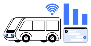 Kablosuz sinyalin, veri analiz çubuklarının ve sohbet arayüzünün yanındaki gelecekteki otobüs. Akıllı şehir, toplu taşıma, yenilik, bağlantı, hareketlilik, dijital hizmetler için ideal basit iniş sayfası