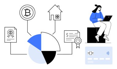 Bitcoin 'e, eve, kontratlara ve kredi kartına bağlı pasta grafiği. Bilgisayarlı bir kadın mali durumu analiz ediyor. Finans, planlama, kripto para birimi, çevrimiçi bankacılık ekonomisi için ideal