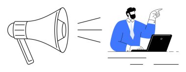 Hoparlör, mesajlaşma, liderlik, takım çalışması, pazarlama, strateji ve çevrimiçi ilişki önerisi sunan bir adamı işaret ederken ses hattı yayıyor. İletişim için ideal