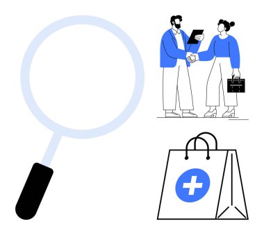 Büyütme cam vurgulama değerlendirme konsepti ortaklık için iş tokalaşması sağlık hizmetleri e-ticaret için tıbbi alışveriş çantası. Analiz, işbirliği, sağlık ve iş için ideal