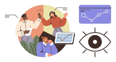 Profesyoneller takım çalışması yapar, grafikleri ve grafikleri analiz eder, performans verilerini tartışır ve beşlik çakar. İşbirliği, strateji, analiz, takım çalışması, büyüme performansı için ideal