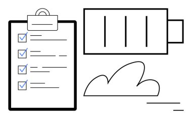 İşaretli nesnelerle kontrol listesi, pil çizimi ve bulut. Görev yönetimi, enerji, üretkenlik, bulut hesaplama, verimlilik, iş akışı ve basit iniş sayfası için ideal