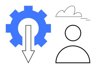 Aşağıya doğru bakan mavi dişli, bir insan ve bulut çizgisi çok az. Süreç, iş akışı, optimizasyon, takım çalışması, teknoloji, verimlilik bulut hesaplaması için ideal. Basit düz metafor