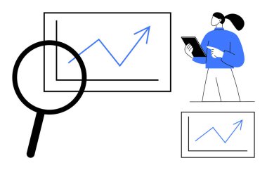 Büyüme grafiği üzerinde büyüteç, tablet kullanarak verileri analiz etmek. Analiz, araştırma, iş stratejisi, teknoloji araçları, profesyonel geliştirme, finans, basit iniş sayfası için ideal