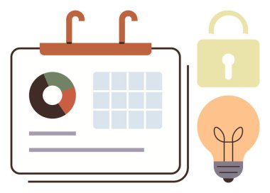 Turta grafiği ve ızgarası, kahverengi halkalar, veri güvenliği için asma kilit ve fikirler için ampul içeren bir takvim. Üretkenlik, planlama, yaratıcılık, yenilik, organizasyon için ideal