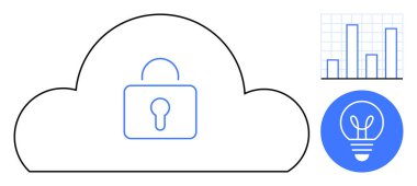 Veri güvenliğini sembolize eden entegre kilit ikonuna sahip bulut, analitiği temsil eden bar tablosu ve yenilik için ampul. Siber güvenlik, bulut depolama, teknoloji, veri gizliliği ve analiz için ideal