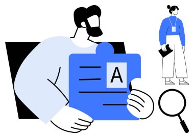 Erkek figürü, yanında bir klasör bulunan büyük boyutlu metin kadın profili tutuyor. Büyüteç de dahil. İşe alım, adam alma, insan kaynakları, iş arama, profil doğrulama için ideal