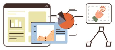 Veri analiz grafikleri, grafik, pasta grafiği, iş akışı yapısı ve dokunma arayüzü. İş planlaması, analitik, takım çalışması, finans veri sunumu kullanıcı etkileşimi için ideal basit düz metafor