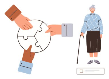 Dairesel bir bulmacayı tamamlayan farklı bireylerin elleri yaşlı bir kadının yanında takım çalışmasını temsil ediyor. Takım çalışması, topluluk, yaşlı bakımı, işbirliği, dahil etme, problem çözme, destek için ideal