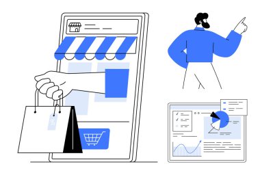 Vitrinli mobil cihaz, alışveriş torbaları, işaret eden adam ve analitik gösterge paneli. Çevrimiçi alışveriş, analitik, perakende, pazarlama, iş büyüme stratejisi için ideal basit
