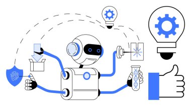Robot DNA 'yı analiz ediyor, çözümleri test ediyor, araçlarla ve teknolojiyle uğraşıyor ve yenilik getiriyor. Yapay zeka, otomasyon, bilim, yaratıcılık teknolojisi ekip çalışması için ideal. Basit düz