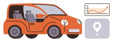 Açık dizaynlı turuncu elektrikli araba, bir konum belirleyici, ve performans grafiği ilerlemeyi ve hareket kabiliyetini gösteriyor. Teknoloji, yenilik, yeşil enerji, seyahat, GPS, veri analizi için ideal