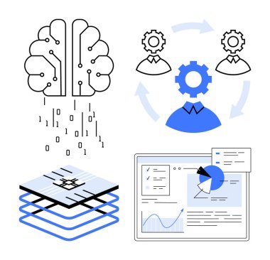 Beyin işleme verileri, dişli çarklar, çalışma döngüsü, katmanlı veri yığını ve çizelgeli analitik gösterge paneli. Yapay zeka, otomasyon, veri bilimi, teknoloji araştırma ekibi için ideal basit iniş sayfası