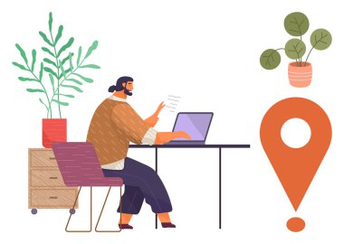 Dizüstü bilgisayarda yazan bir adam, etrafı saksı bitkileriyle çevrili, lokasyon rozeti yakın. Uzaktan çalışma, teknoloji, çalışma alanı, esneklik, verimlilik yaratıcılığı için ideal. Basit düz