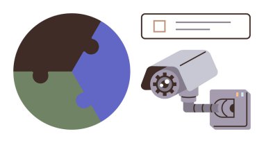 Küresel gözetim, güvenlik, veri analizi, gizlilik, siber güvenlik, güvenilirlik ve kontrolü temsil eden bir yapboz parçalı küre ve kontrol listesinin yanına yerleştirilmiş güvenlik kamerası. Basit düz metafor