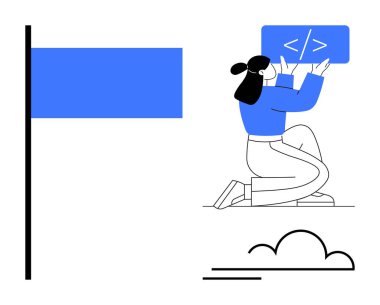 Diz çökerken kod ekranda yazan kadın, minimalist bayrak ve bulut tasarımı ile çevrili. Kodlama, yazılım geliştirme, öğrenme, takım çalışması, üretkenlik, odaklanma, basit iniş sayfası için ideal