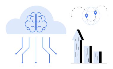 Bulutlarda çizgileri olan beyin, konum işaretleyicili küresel harita, yükselen oklu bar tablosu. Yapay zeka, teknolojik yenilik, veri analizi, bulut hesaplaması, küresel bağlantı, iş büyümesi için ideal