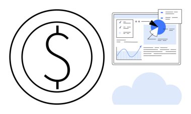 Dolar sembolü, çizelgeler, grafikler ve bulut konseptiyle analitik gösterge paneli. Finans, analitik, bulut hesaplama, teknoloji, iş stratejisi, veri yönetimi basit iniş sayfası için ideal