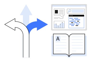 Kararları temsil eden üç ok, çizelgeler ve arama ile dijital arayüz ve bilgi için açık bir kitap. Eğitim, strateji, karar verme, navigasyon, öğrenme, araştırma için ideal