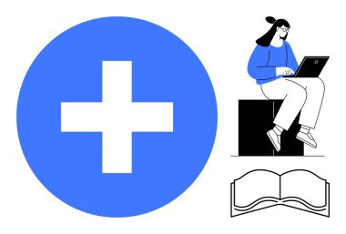 Mavi artı işareti, dizüstü bilgisayar kullanan oturan kadın, açık kitap özeti. Sağlık, eğitim, teknoloji, üretkenlik, dijital öğrenme tıbbi yenilik takım çalışması iletişimi için idealdir. Basit düz