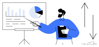 Bir sunum tahtasında elinde işaret çubuğu, pano ve büyüme okları olan profesyonel açıklamalar. İş sunumu, strateji, büyüme, eğitim, veri, kalkınma için ideal