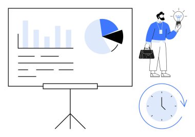 Çantası ve ampulü olan bir iş adamı sunum tahtasında ve saatinde çizelgelerin yanında duruyor. İş stratejisi, analitik, zaman yönetimi, yenilik, planlama, takım çalışması için ideal